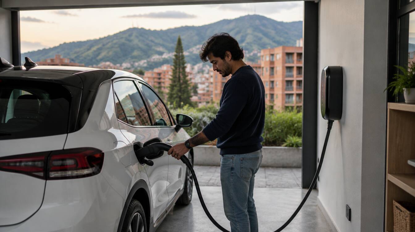 Hombre conectando su carro eléctrico al cargador de su garaje, con los cerros de Bogotá al fondo