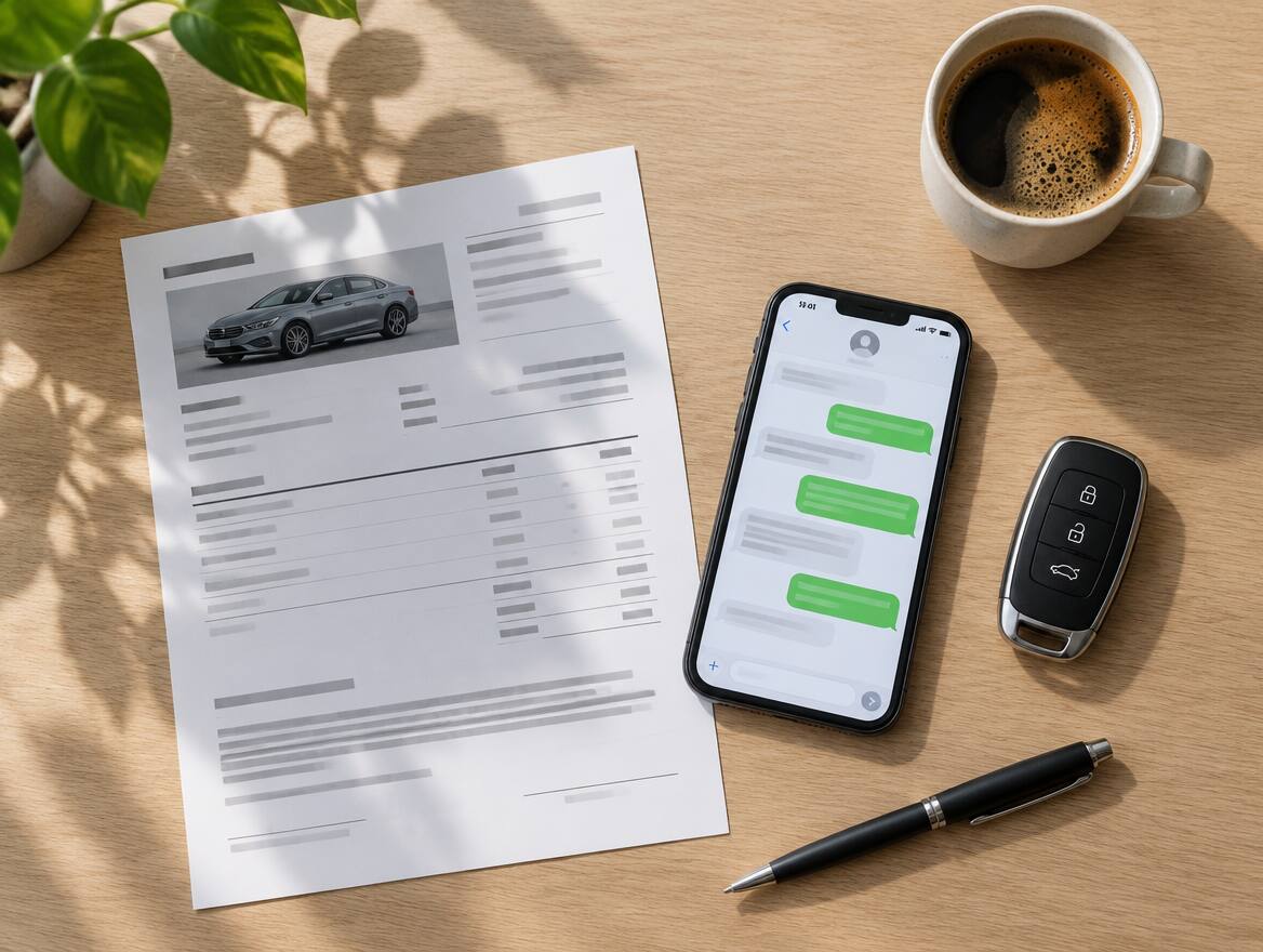 Factura de compra de un vehículo, celular con un chat y llave del carro sobre un escritorio